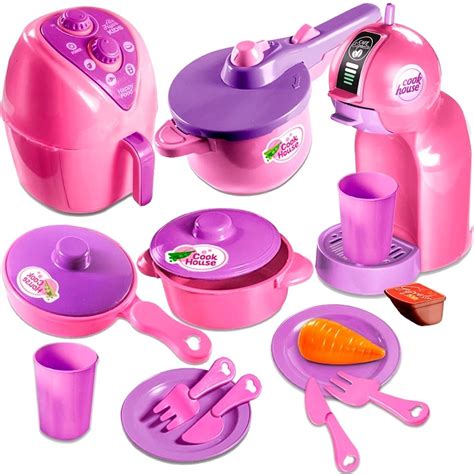 KIT Cozinha De Brinquedo Infantil Panelas Airfryer Cafeteira 15pcs