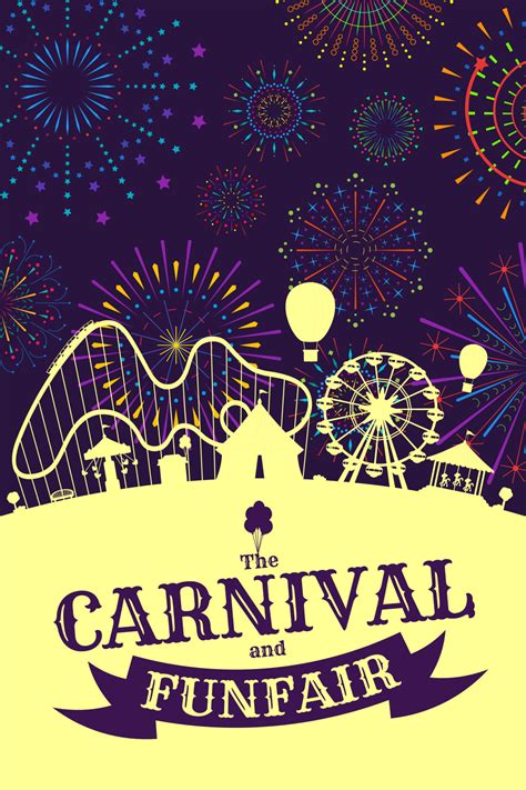 Carnival Funfair Banner With Firework On Night Sky Amusement Park With