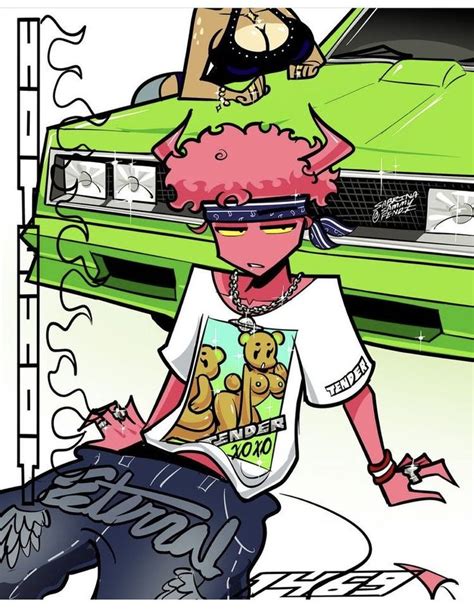 A Man Sitting On The Hood Of A Green Car Next To A Woman With Pink Hair