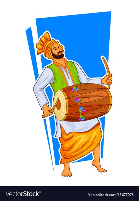 Sikh Punjabi Sardar Playing Dhol And Dancing Vector Image