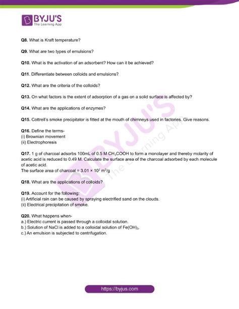 Class 12 Chemistry Worksheet On Chapter 5 Surface Chemistry Set 2