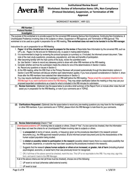 Fillable Online Institutional Review Board Worksheet Review Of