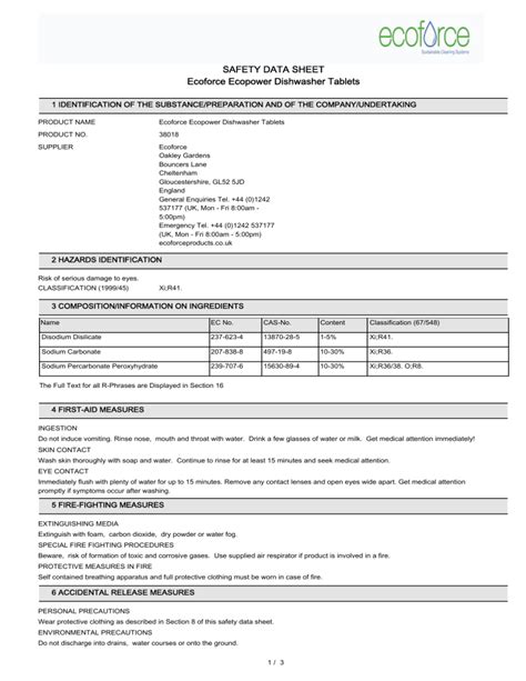 Asda All In One Dishwasher Tablets Safety Data Sheet at Anna Manning blog