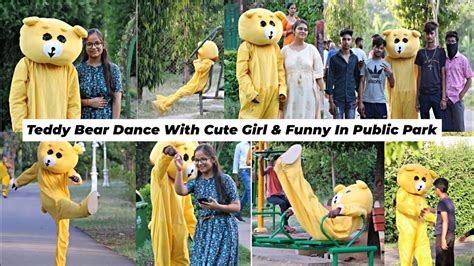 Teddy Bear Dance With Cute Girl And Fun In Public Park Helping Teddy