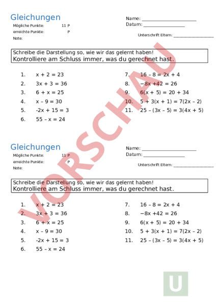 Arbeitsblatt Gleichungen Mathematik Algebra