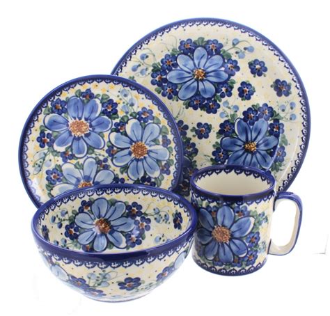 Blue Rose Polish Pottery Daisy Surprise 4 Piece Place Setting Service For 1 Ebay