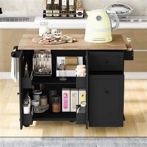 Cesicia Black Rubber Wood Drop Leaf Countertop In Kitchen Island