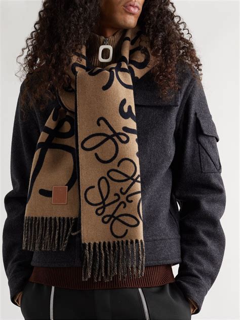 Loewe Leather Trimmed Fringed Wool And Cashmere Blend Jacquard Scarf