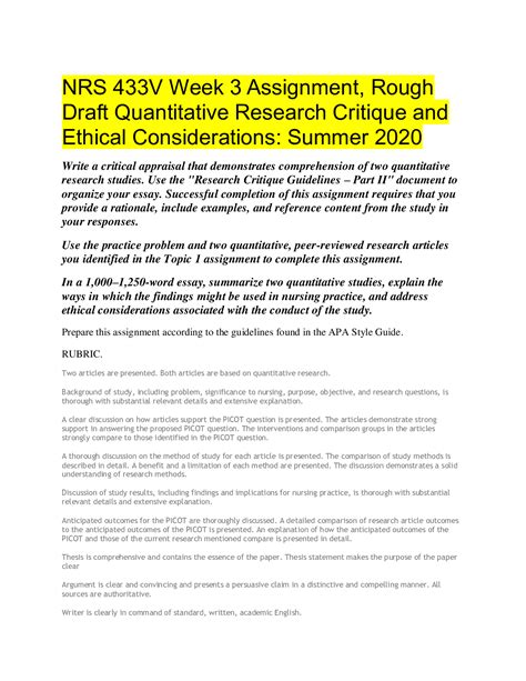 Nrs V Week Assignment Rough Draft Quantitative Research Critique