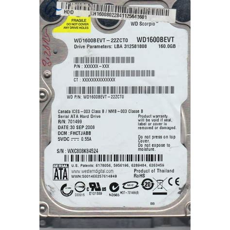WD1600BEVT-22ZCT0, DCM FHCTJABB, Western Digital 160GB SATA 2.5 Hard ...
