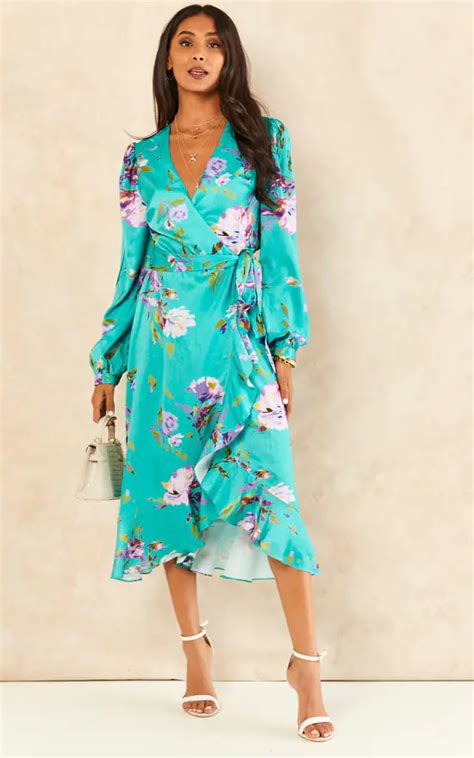 Green Floral Print Midi Wrap Dress Liquorish Silkfred Us