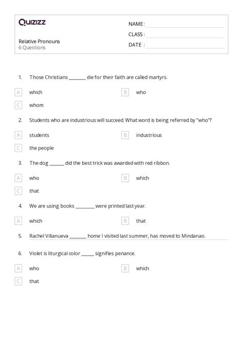 Relative Pronouns Worksheets For Th Grade On Quizizz Free