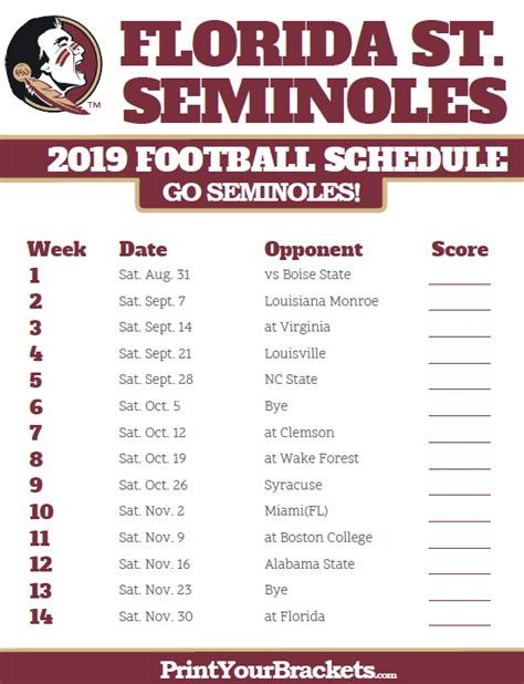 Printable 2019 Florida State Seminoles Football Schedule Florida