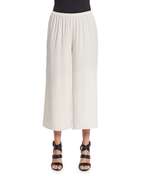 Eileen Fisher Wide Leg Silk Georgette Cropped Pants In White Lyst