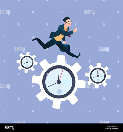 Businessman Running On Clock Cogwheels Over Blue Background Gear