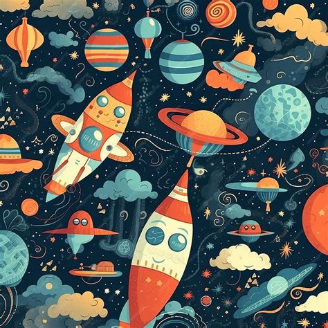 Una Ilustración De Dibujos Animados De Una Nave Espacial Con Una Nave Espacial Y Planetas En El