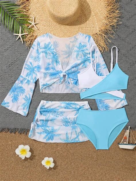 Tween Girl Colorblock Bikini Set With Coconut Tree Print Cover Up Set Summer Beach Shein Usa