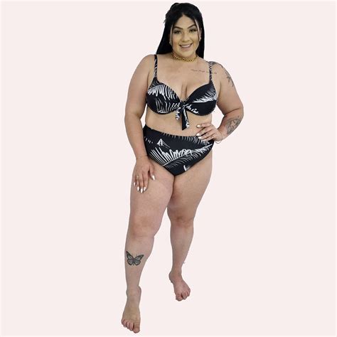 Calcinha De Biqu Ni Plus Size Cintura Alta Fio Dental Duplo Folhagem