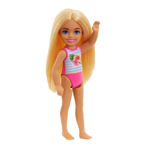 Barbie Chelsea Small Doll With Beach Swimsuit Stripes Floral Print Blonde Hair Blue Eyes