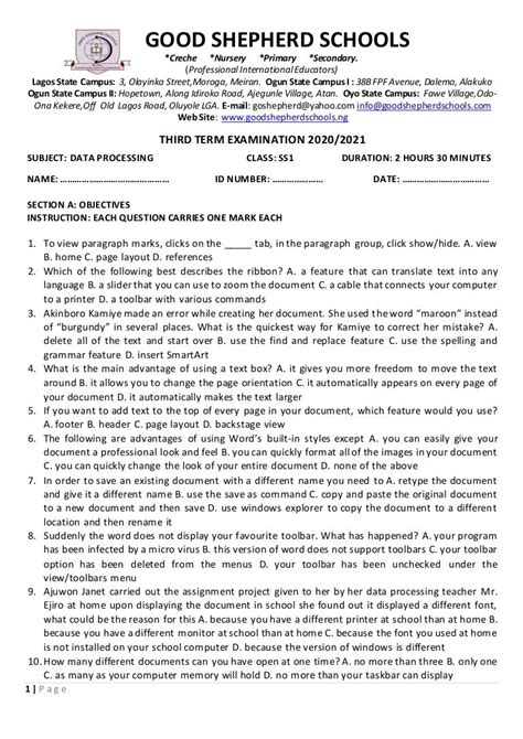 Ss1 Data Processing Examination With Test Of Practical Third Term