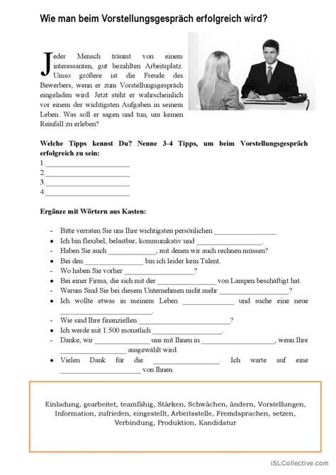 Vorstellungsgespräch allgemeine Deutsch DAF Arbeitsblätter pdf doc