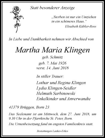 Traueranzeigen Von Martha Maria Klingen Trauer Und Gedenken