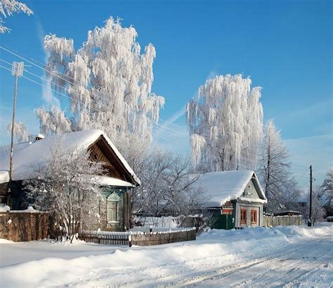 Winter in a Russian village. Snow. Blue sky. Beautiful pic. : r/pics