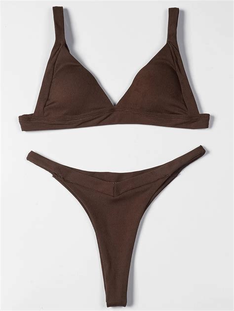 Ribbed Brown Triangle Bikini With Adjustable Straps On Luulla