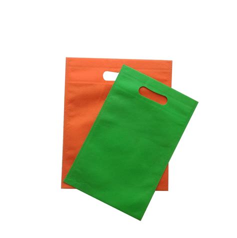 Green And Orange Handle Type D Cut Plain Non Woven Bags For Shopping