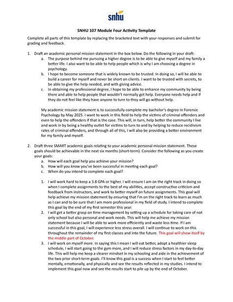 Personal Mission Statement Snhu 107 Module Four Activity Template