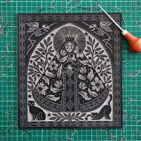 Our Lady Of Cats On Behance Woodcut Art Lino Art Linocut Prints Art