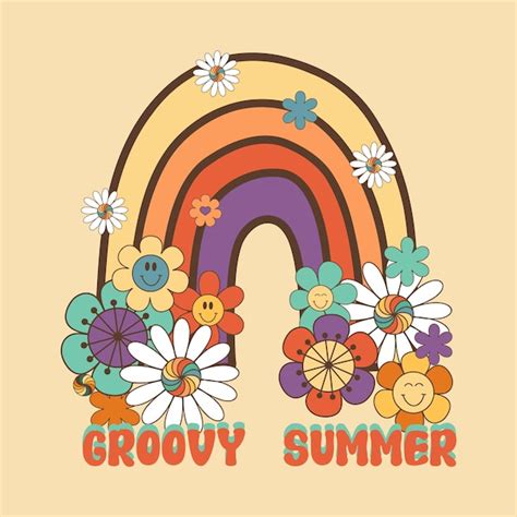 Premium Vector Groovy Retro Rainbow With Flowers And Clouds Hippie Floral Clipart Isolated