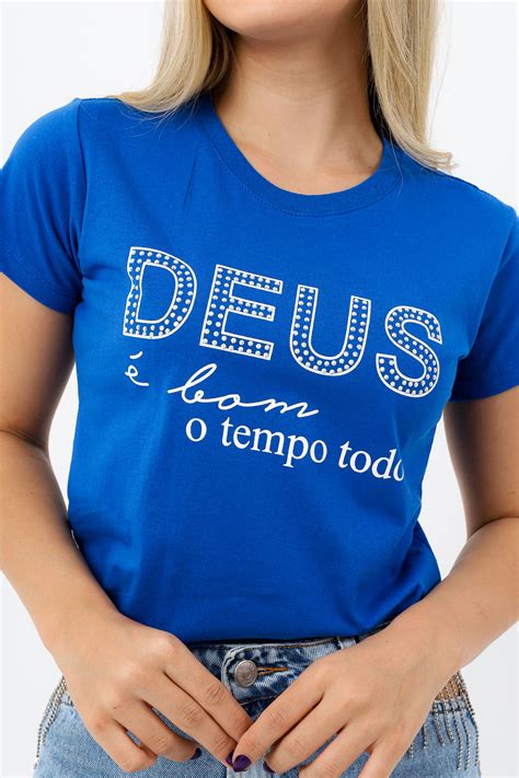 DEUS E BOM O TEMPO TODO STRAS AZUL MARINHO Atacado Tshirt Use