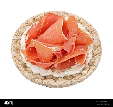 Puffed Rice Cake With Cream Cheese And Smoked Ham Isolated On White