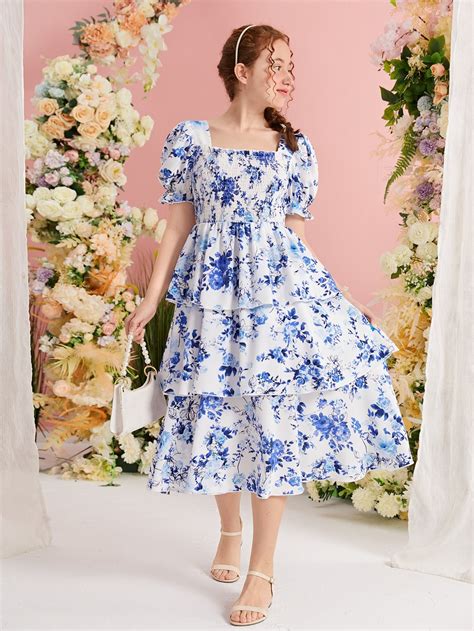 Teen Girls Floral Print Square Neck Puff Sleeve Ruffle Trim Dress