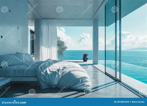 Minimalist Bedroom with Panoramic Ocean Sea View: Modern Coastal Interior Stock Image - Image of ...