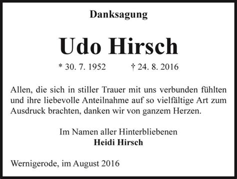 Traueranzeigen Von Udo Hirsch Abschied Nehmen De