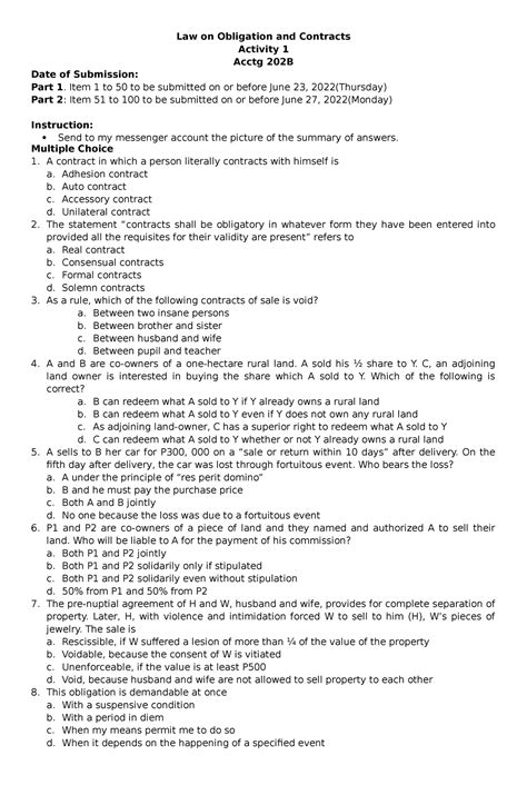 Acctg 202B Activity 1 Law On Obligation And Contracts Activity 1