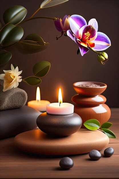 Premium Photo Spa Still Life With Candles And Orchid Hot Stone