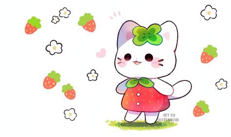 A Cartoon Cat With A Green Bow Standing In Front Of Some Strawberries