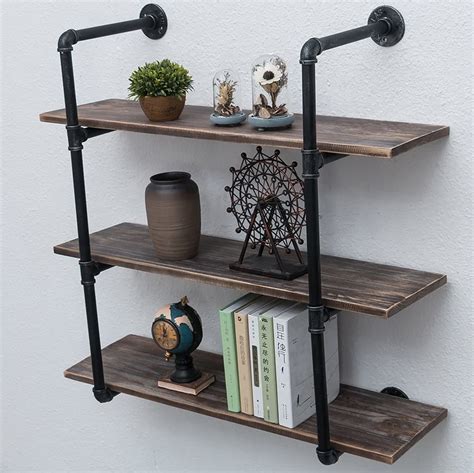 In Rustic Metal Floating Industrial Pipe Shelving Wall Mounted Unit