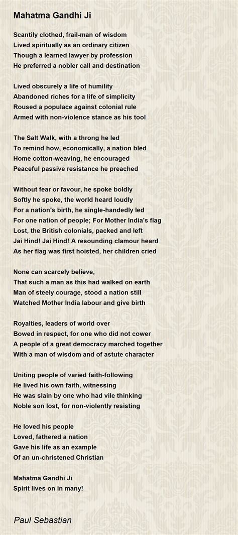 Mahatma Gandhi Ji - Mahatma Gandhi Ji Poem by Paul Sebastian