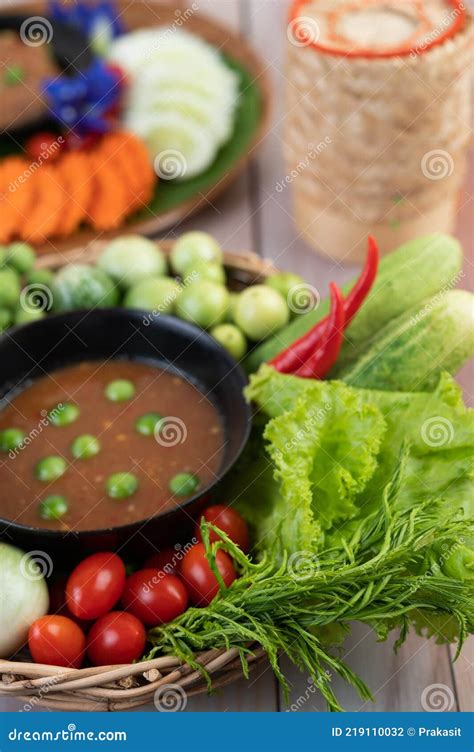 Chili Paste Paste In A Bowl With Eggplant Carrots Chili Cucumbers In