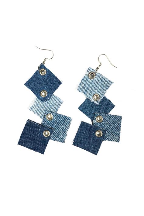 Denim Earrings Recycled Denim Reworked Denim Blue Square Earrings Denim Earrings Etsy