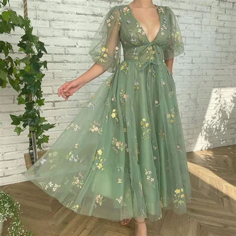 Maria Novia New Sexy Deep V Prom Dress Half Sleeve Tea Length Party