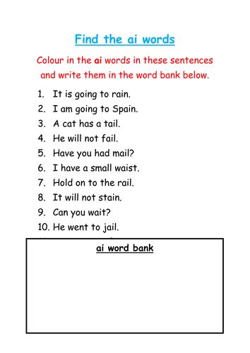 Find And Colour The Ai Words Teaching Resources