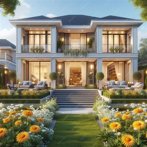 Premium Photo | Elegant modern mansion with front garden front view ...