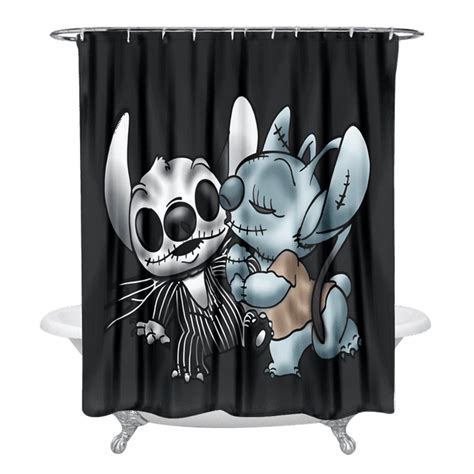 Cartoon Lilo And Stitch Print Shower Curtain Waterproof Fabrics With Hook