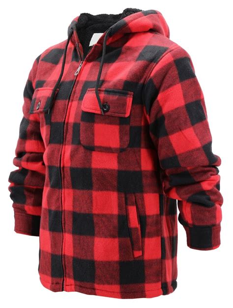 Men S Heavyweight Flannel Zip Up Fleece Lined Plaid Sherpa Hoodie Jacket Ebay