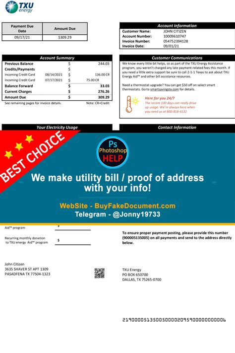 Fake Texas TXU Energy utility bill